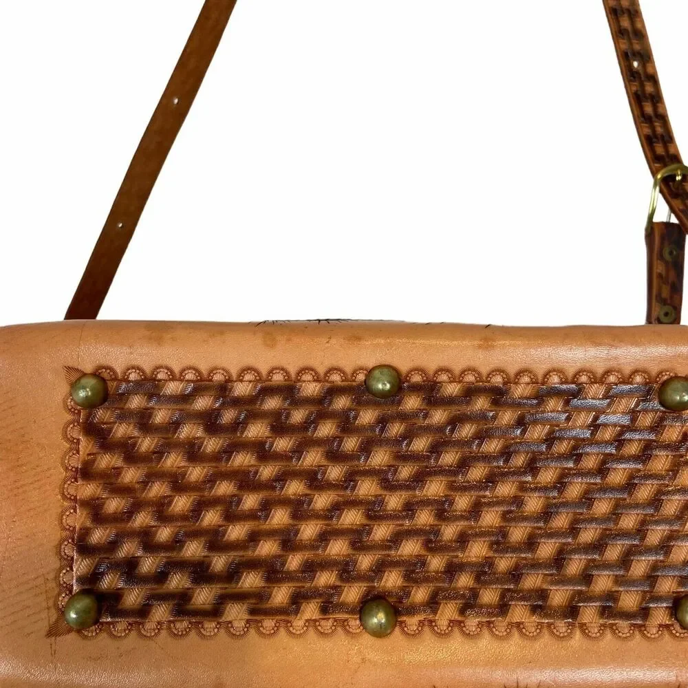 Tooled Leather Purse Handbag Women Handmade Pine Cone Brown Leather 60 70s Retro